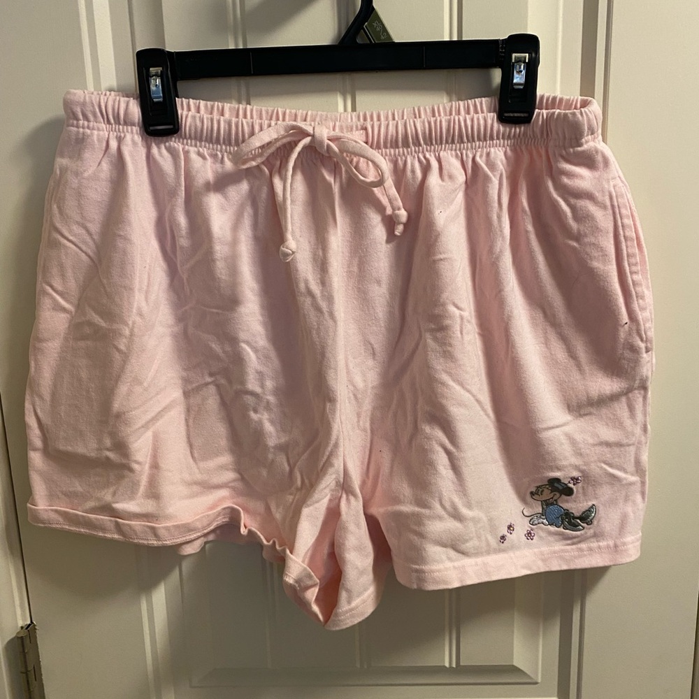 Disney Store L Shorts Pink Minnie Mouse Embroidered Elastic Waist Tie Front Lg